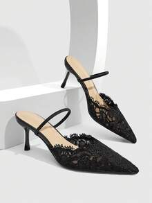 CUCCOO SZL Ladies Romantic Nude Lace High Heel Drag Pointed Thin Heel Half Drag - Black - View 5