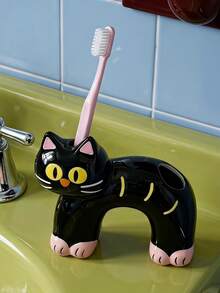 Joivida 1Pc Ceramic Toothbrush Holder, Black Cat Cartoon Toothbrush Holder, High Aesthetic Storage Rack For Bathroom, Ideal As Toothpaste And Washing Storage Base For Couples And Home Use - Multicolor - View 1