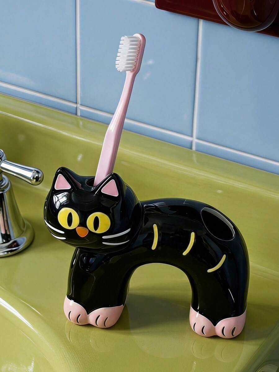 Joivida 1Pc Ceramic Toothbrush Holder, Black Cat Cartoon Toothbrush Holder, High Aesthetic Storage Rack For Bathroom, Ideal As Toothpaste And Washing Storage Base For Couples And Home Use - Multicolor - View 1