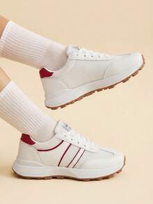 Vate Women's Thick-Soled Round Toe Lace-Up Casual Shoes Shoes Back To School - Red and White - View 3