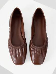 MOTF VINTAGE BROWN RUCHED SQUARE TOE FLAT SHOES WOMEN SOFT LEATHER SLIP ON BALLET FLATS CASUAL DAILY WEAR COMFORT WALKING LOAFERS FALL SHOES - Brown - View 1