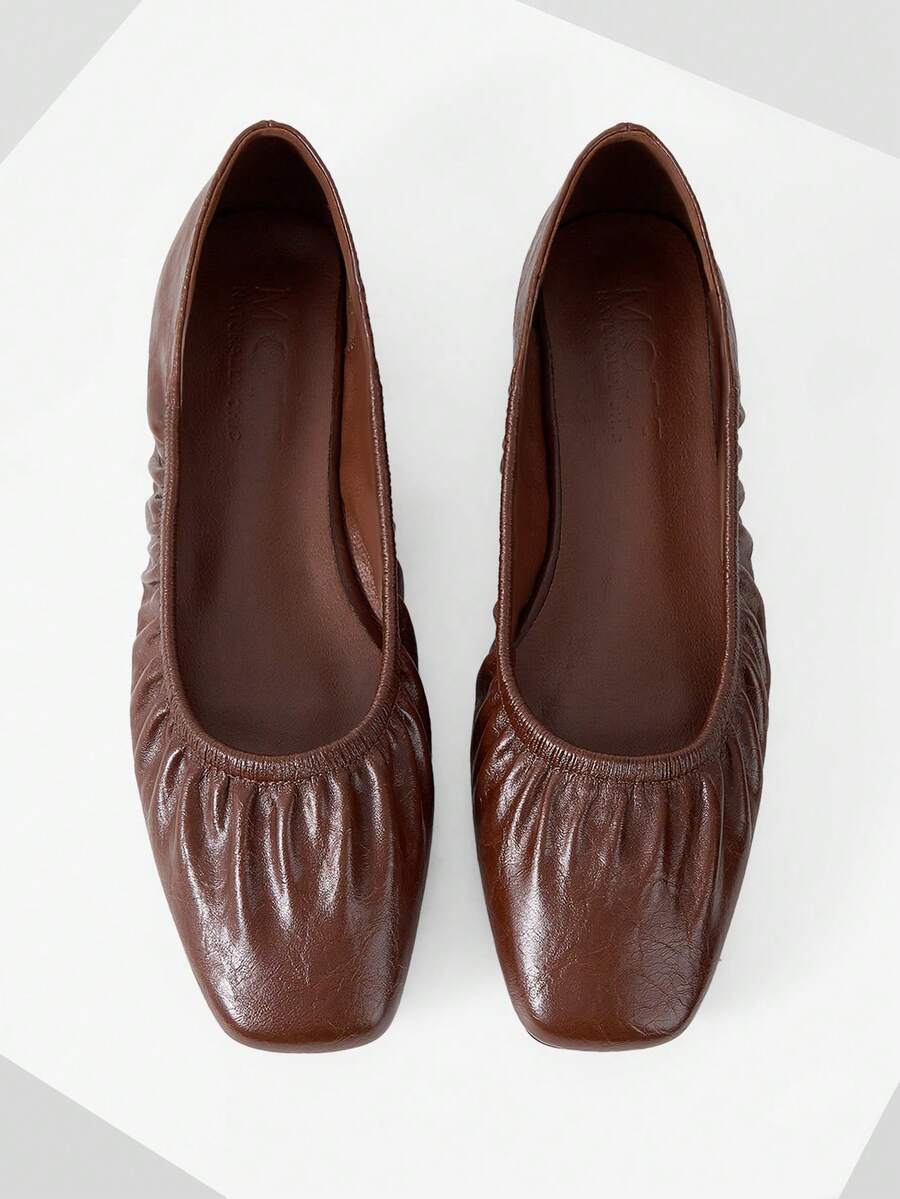 MOTF VINTAGE BROWN RUCHED SQUARE TOE FLAT SHOES WOMEN SOFT LEATHER SLIP ON BALLET FLATS CASUAL DAILY WEAR COMFORT WALKING LOAFERS FALL SHOES - Brown - View 1
