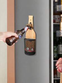 1 Piece Rustic Solid Wood Wall Mounted Bottle‑Shaped Beer Opener Built‑In Mesh Caps Collection Storage Basket Retro Textured Heavy‑Duty Wall Decoration Brown Bottle Opener For Bar Home Kitchen Man Cave Party Indoor Wall Decor Household Accessory - View 7
