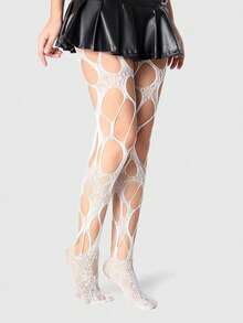 ROMWE 1Pair Of Dark Gothic White Hollow Fishnet Socks - White - View 6