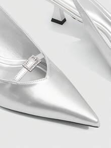 CUCCOO SZL Rhinestone Square Buckle Pointed Cat Heel Empty Sandals, Retro Spice Girl Fengzheng Silver Patent Leather Medium Low Heel Buckle Bag Head Sandals - Silver - View 5