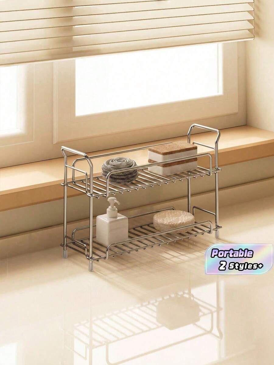 1pc Single Layer/Double-Layer Stainless Steel Storage Rack, Kitchen Countertop Seasoning Storage Rack, Bathroom Toiletries Drainage Storage Rack, Two Styles To Choose From - Multicolor - View 1
