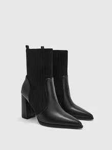 CUCCOO BIZCHIC Women's Side Button Folded Collar Pointed Toe Chunky Heel Ankle Boots, Vintage Style Black Autumn/Winter Daily Commute Boots - Black pu - View 6