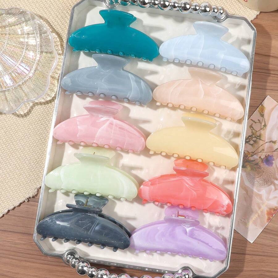 BestieMix 10-Piece Set Of Morandi Marble Pattern Semi-Circular Hair Claws, Back Of The Head Updo Hair Claw, Versatile Daily Women's Hair Accessories - Multicolor - View 1