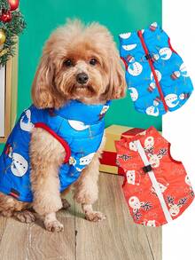 PETSIN Winter Warm Dog Christmas Waistcoat, Cartoon Santa Snowman Print Zip Front Quilted Pet Vest With Dual D‑Ring For Harness Leash - Multicolor - View 3