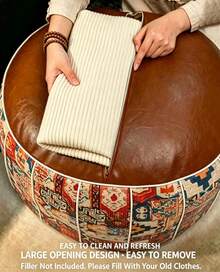 Bohemian Round Storage Ottoman Filler Not Included | Waterproof PU Leather Hidden Storage For Clothes & Toys Single / 2‑Pack Optional - Multicolor - View 7