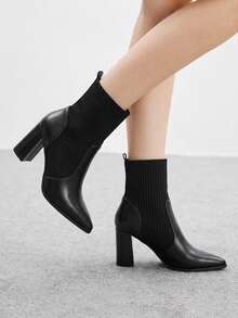 CUCCOO BIZCHIC Women's Side Button Folded Collar Pointed Toe Chunky Heel Ankle Boots, Vintage Style Black Autumn/Winter Daily Commute Boots - Black pu - View 3