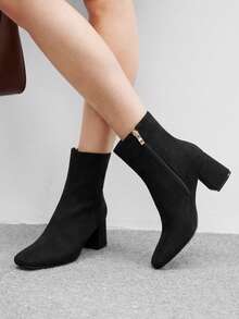 CUCCOO BIZCHIC French Square Boots, Thick Heel Comfortable Versatile Velvet Boots, Side Zipper Elegance, Suitable For Business Commuting Holiday Parties Fall Shoes - Black - View 3