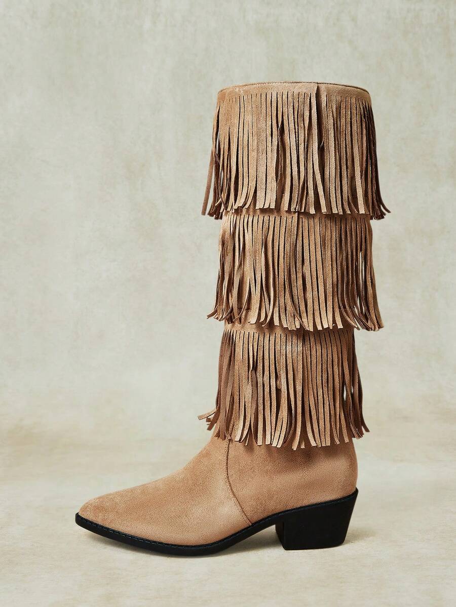Styleloop Sepatu Wanita, Suede, Desain Berumbai Multi-Lapisan, Hak Tebal Lancip, Hak Rendah, Gaya Barat, Sepatu Bot Setinggi Cokelat untuk Pakaian Sehari-hari - Unta - View 1