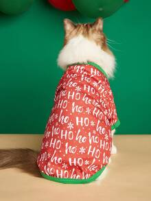 PETSIN Festive Pet Tee With "HO HO HO" & Snowflake Print - Red Base Green Trim Christmas Dog Clothes - Red and White - View 9