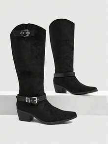 Daringsoles Solid Color Double Buckle Stack High Boots Adjustable Boots Elastic Pointed Thick Heel Knee Boots Versatile Fashion Boots - Black - View 1