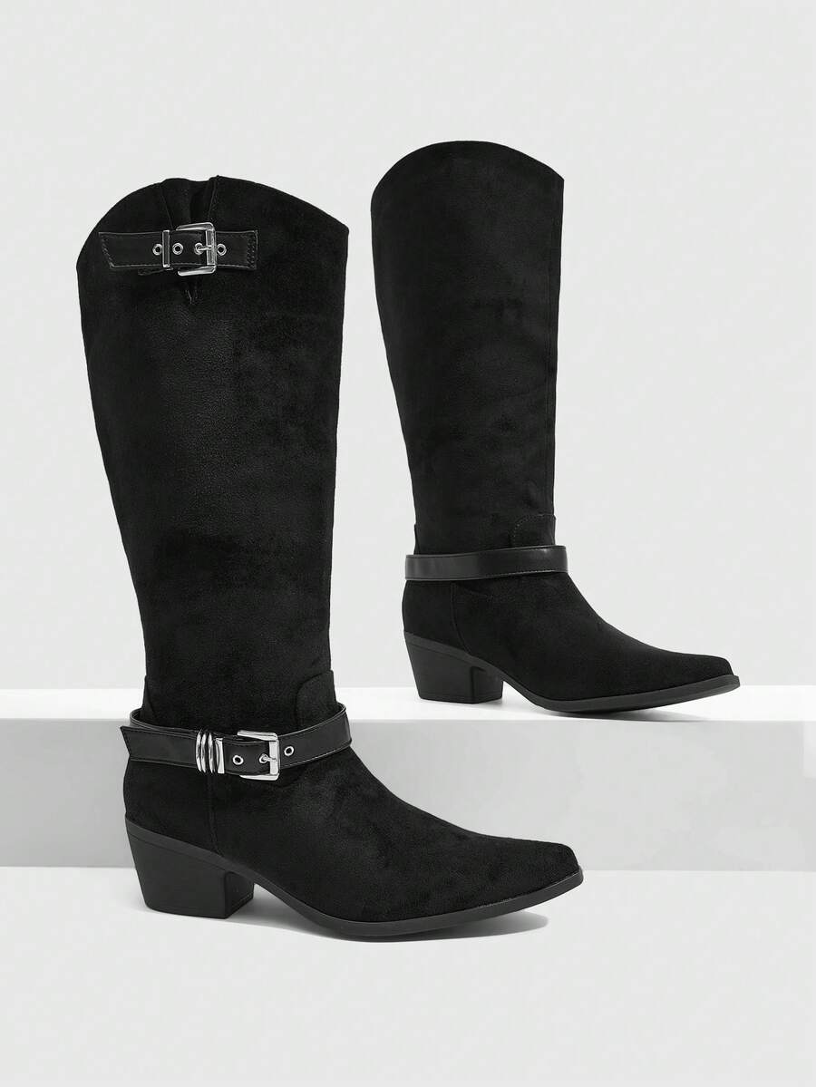 Daringsoles Solid Color Double Buckle Stack High Boots Adjustable Boots Elastic Pointed Thick Heel Knee Boots Versatile Fashion Boots - Black - View 1