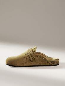 Solecia Women's Fashion Rivet Flat Bottom Closed Toe Mules, Commuting Versatile - Khaki - View 9