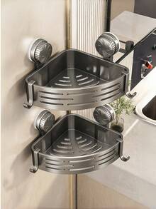 No Drill Suction Corner Shower Shelf, 2 Layer Plastic Bathroom Storage Rack, Triangular Wall Mount Shower With Side Hooks - various - View 2