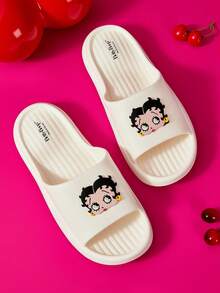 Betty Boop x SHEIN Fashionable Cute CartoonPINK Slip-On Slippers Non-Slip Quick-Drying Shower Slide, Lightweight And Durable EVA Material, In The House, - White - View 1