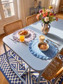 SHEIN Floral Printed Round Placemat, Natural Fresh Pastoral Table Mat With Lotus Leaf Edge, Kitchen And Dining Room Decoration, Two Colors Available (Purple & Blue Floral) - Multicolor - View 10