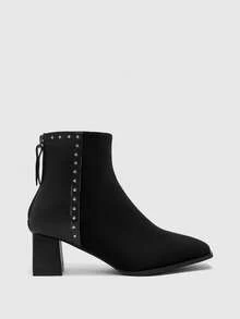 CUCCOO BIZCHIC Women's Fashionable High-Heeled Patent Leather Boots With Pointed Toes, Elastic Chunky Heels, Side Zipper, Mid-Calf Style, Comfortable, Versatile, And Fall Boots - Black - View 2