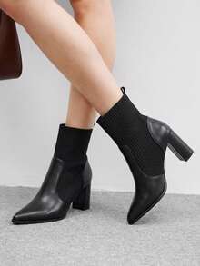 CUCCOO BIZCHIC Women's Side Button Folded Collar Pointed Toe Chunky Heel Ankle Boots, Vintage Style Black Autumn/Winter Daily Commute Boots - Black pu - View 5