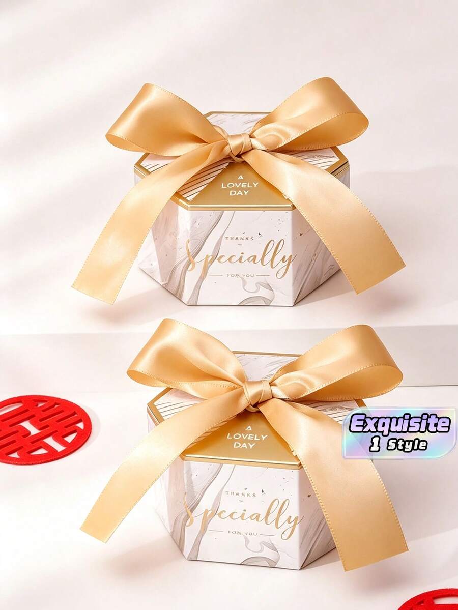 50Pcs Mini Marble Pattern Gift Boxes With Shiny Gold Bow Ribbon, Wedding Favor Thank You Candy Boxes, Small Party Treat Packaging Boxes For Bridal Shower Birthday Banquet - White - View 1
