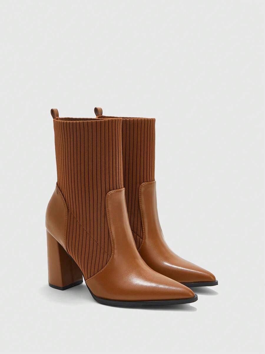 CUCCOO BIZCHIC Women's Side Button Flanged Pointed Thick Heel Ankle Boots Retro Brown Autumn And Winter Daily Commuter Boots Fall Boots - Brown - View 1