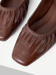 MOTF VINTAGE BROWN RUCHED SQUARE TOE FLAT SHOES WOMEN SOFT LEATHER SLIP ON BALLET FLATS CASUAL DAILY WEAR COMFORT WALKING LOAFERS FALL SHOES - Brown - View 5