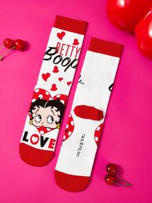 Betty Boop x SHEIN 2入組 Love Girl 女款中筒襪 - 黑白紅 - 查看 8