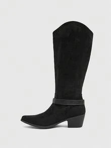 Daringsoles Solid Color Double Buckle Stack High Boots Adjustable Boots Elastic Pointed Thick Heel Knee Boots Versatile Fashion Boots - Black - View 4