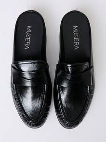 MUSERA Black PU Leather Loafer Mule Shoe Fall Autumn Winter Streetwear Outfits - Black - View 1