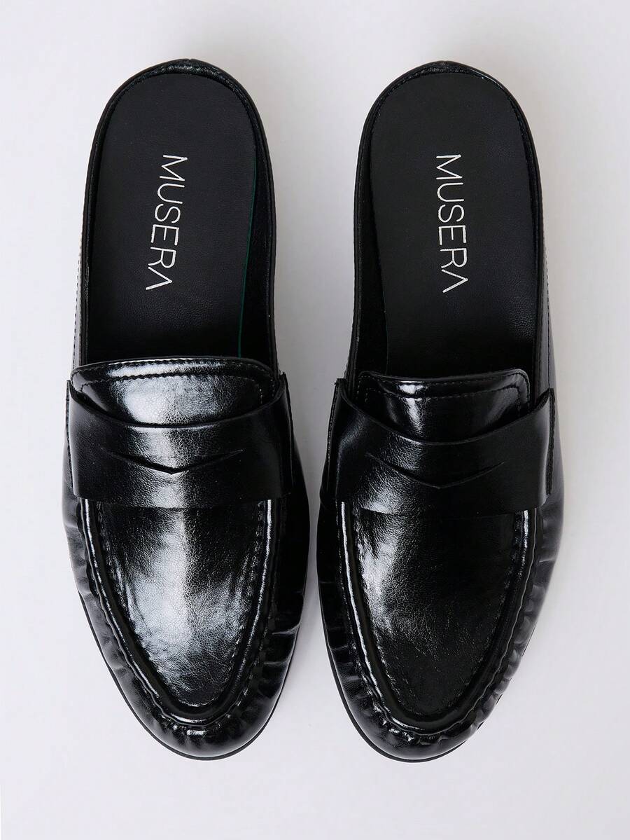 MUSERA Black PU Leather Loafer Mule Shoe Fall Autumn Winter Streetwear Outfits - Black - View 1