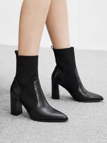 CUCCOO BIZCHIC Women's Side Button Folded Collar Pointed Toe Chunky Heel Ankle Boots, Vintage Style Black Autumn/Winter Daily Commute Boots - Black pu - View 4