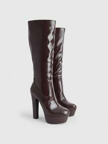 CUCCOO LuxiPop Sexy Fashion Thick Heel Side Zipper Round Toe Ladies Brown Boots Knee Boots Nightclub Style Wear - Coffee Brown - View 3