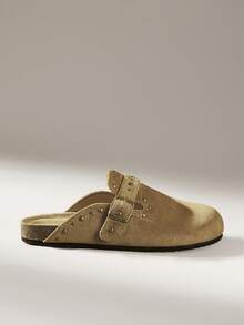 Solecia Women's Fashion Rivet Flat Bottom Closed Toe Mules, Commuting Versatile - Khaki - View 7