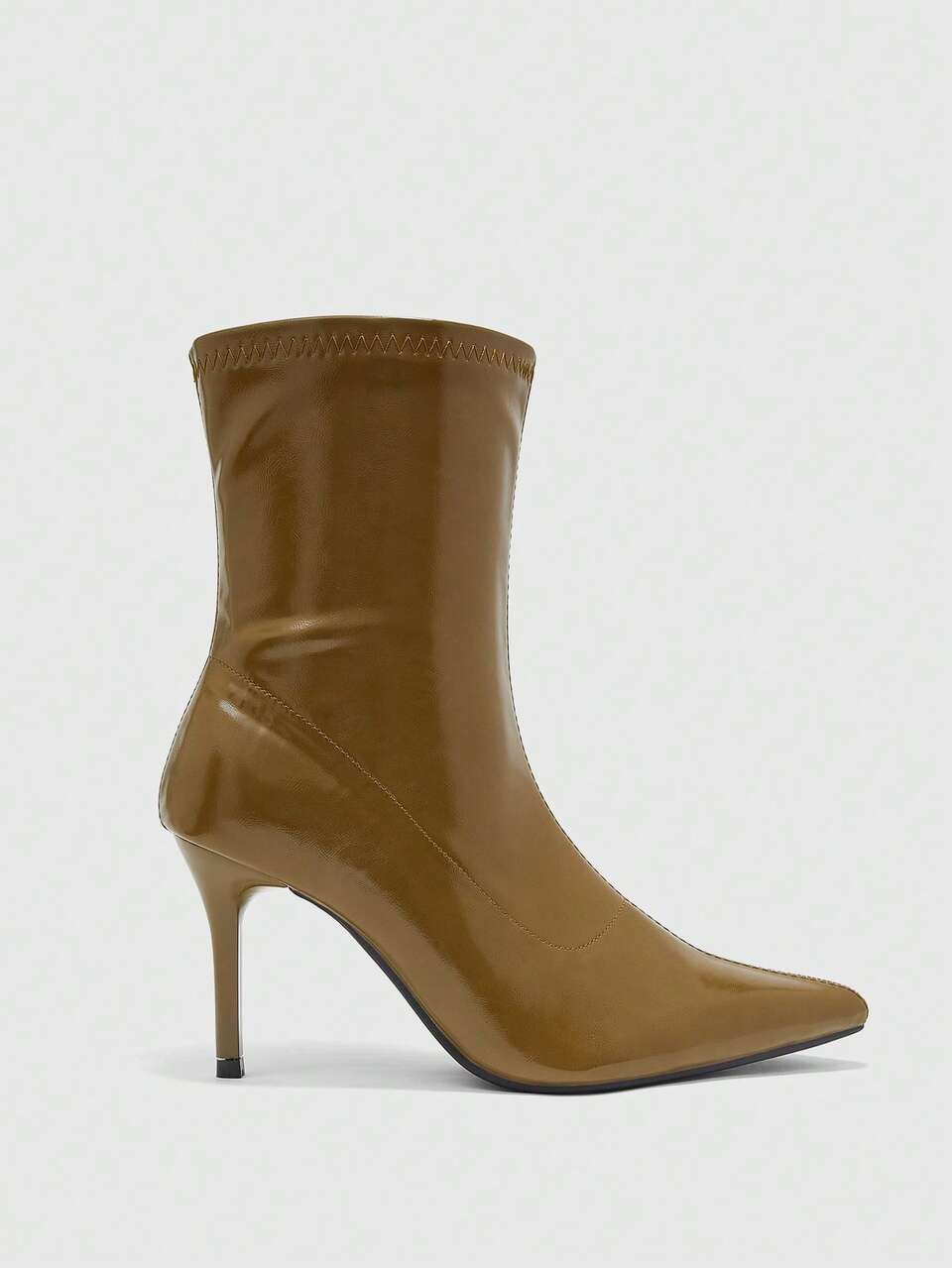 CUCCOO BIZCHIC Autumn And Winter Olive Green Glossy Pointed Thin Heel Retro Elegant High Heel Medium Boots Fall Boots