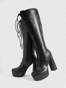 CUCCOO LuxiPop Women's Fashion Simple Thick High Heel Round Toe Front With Thick Bottom Inner Zipper Party Nightclub Style Black Knee Boots - Black - View 7