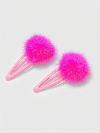 Kawaii 2 piezas de pinzas para el cabello con pompones rosa intenso para mujeres, bonitas barretas decorativas y accesorios de pinzas para el cabello