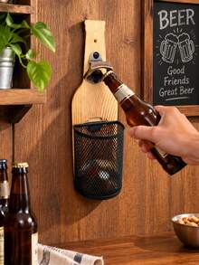 1 Piece Rustic Solid Wood Wall Mounted Bottle‑Shaped Beer Opener Built‑In Mesh Caps Collection Storage Basket Retro Textured Heavy‑Duty Wall Decoration Brown Bottle Opener For Bar Home Kitchen Man Cave Party Indoor Wall Decor Household Accessory - View 6