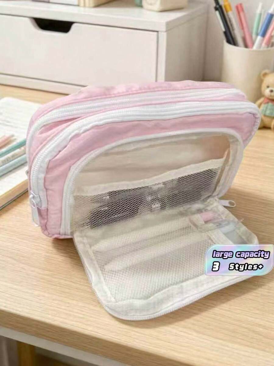 1pc Large Capacity Pencil Case, Front Window Storage Pouch, Birthday Gift. - Multicolor - View 1