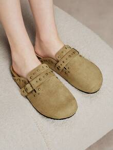Solecia Women's Fashion Rivet Flat Bottom Closed Toe Mules, Commuting Versatile - Khaki - View 3