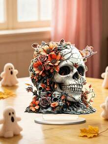 1Pc 15.5cm Resin Halloween Desktop Decor With Ghost Skeleton Reading Book Swing Pattern In Brown Orange For Home Office Party Autumn Seasonal Ornament Trending. - C - View 9