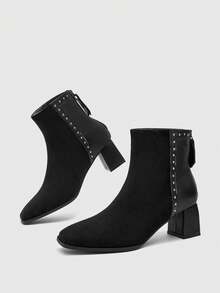 CUCCOO BIZCHIC Women's Fashionable High-Heeled Patent Leather Boots With Pointed Toes, Elastic Chunky Heels, Side Zipper, Mid-Calf Style, Comfortable, Versatile, And Fall Boots - Black - View 9