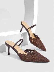 CUCCOO SZL Ladies Romantic Nude Lace High Heel Drag Pointed Thin Heel Half Drag - Chocolate Brown - View 7