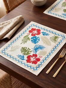 1pc/4pcs, Heat-Insulated Hemmed Placemats, Hibiscus Palm Lemon Print Bohemian Country Style Placemats, Linen Material, Easy To Clean, Suitable For Kitchen, Dining Room Decoration, Holiday Party, Vacation Table Decor, Home Decor - Multicolor - View 5