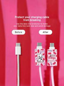 Betty Boop x SHEIN 3 Pcs Data Line Protective Cover, Suitable For IPhone Charger, Cherry Printing Pattern, Charger Protective Cover (Without Data Line) - Pink - View 4