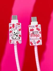 Betty Boop x SHEIN 3 Pcs Data Line Protective Cover, Suitable For IPhone Charger, Cherry Printing Pattern, Charger Protective Cover (Without Data Line) - Pink - View 8