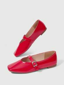 Sleekvia New Women's Popular Summer Fashion Simple And Elegant Solid Color, Slip-On Square Top Flat Bottom With Adjustable Buckle Red Glossy Single Fall Shoes - Red - View 6