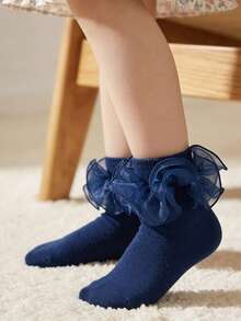 SHEIN 1 Pair Of Baby Socks Large Lace Four-Season Children's Medium And Small Children's Solid Color Lace Large Lace Dance Socks - Blue - View 3